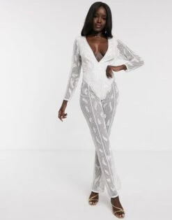 Dolly & Delicious All Over Embellished Sheer Leg Jumpsuit In White