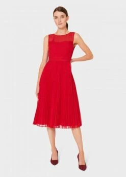 Hobbs Palmer Jacquard Pleated Dress, Red