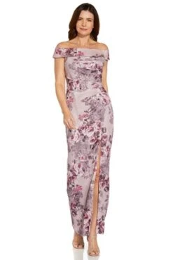 Adrianna Papell Matelasse Bardot Column Gown, Purple/Multi