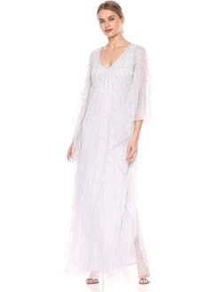 Adrianna Papell Women's Beaded Long Kaftan Dress, Cloud/Silver