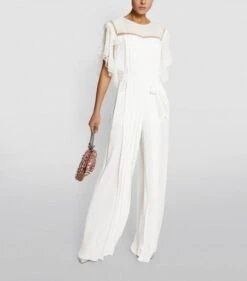 Alberta Ferretti Silk Pleated Jumpsuit, White/Gold
