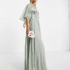 ASOS DESIGN Bridesmaid Ruched Drape Maxi Dress Wrap And Flutter Cape Sleeve Forest Green