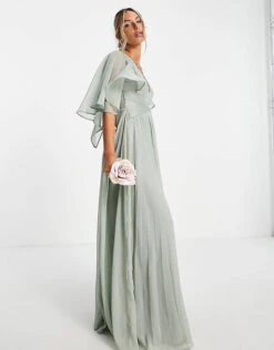 ASOS DESIGN Bridesmaid Ruched Drape Maxi Dress Wrap And Flutter Cape Sleeve Forest Green
