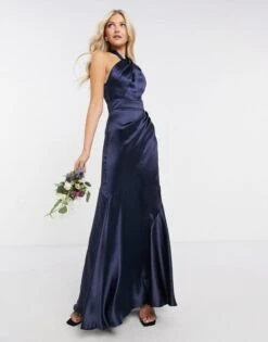 ASOS DESIGN Bridesmaid Satin Halter Maxi Dress With Panelled Skirt Navy