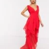 ASOS DESIGN Soft Layered Maxi Dress With Tie Waist Detail, Fire Red -Threadnee Shop asos design soft layered maxi dress with tie waist detail fire red e1594204147737