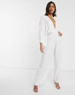 ASOS EDITION Beaded Kimono Sleeve Wide Leg Wedding Jumpsuit, Ivory