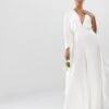 ASOS EDITION Cape Sleeve Wedding Jumpsuit In Satin, Ivory -Threadnee Shop asos edition cape sleeve wedding jumpsuit in satin ivory