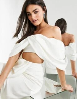 ASOS EDITION Drape Off Shoulder Bridal Top, Ivory