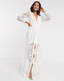 ASOS EDITION Gayle Blouson Sleeve Embroidered Applique Wedding Dress, White