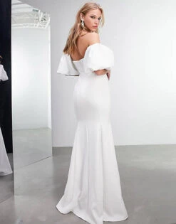 Threadnee Shop -Threadnee Shop asos edition maisie off shoulder puff sleeve crepe wedding dress1