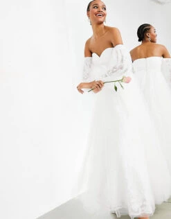 ASOS EDITION Mila Off Shoulder Embroidered Mesh Wedding Dress, Ivory