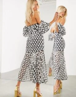 ASOS EDITION Off Shoulder Dress In Embroidered Daisy, Black/White