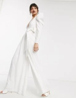 ASOS EDITION Plunge Wide Leg Jumpsuit With Open Back, White