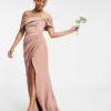 ASOS EDITION Satin Bardot Drape Wrap Maxi Dress In Cinnamon Rose 1 ASOS EDITION Satin Bardot Drape Wrap Maxi Dress In Cinnamon Rose -Threadnee Shop asos edition satin bardot drape wrap maxi dress in cinnamon rose