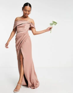 ASOS EDITION Satin Bardot Drape Wrap Maxi Dress In Cinnamon Rose