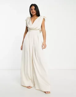 ASOS LUXE Satin Corsage Plunge Neck Wide Leg Jumpsuit In Champagne