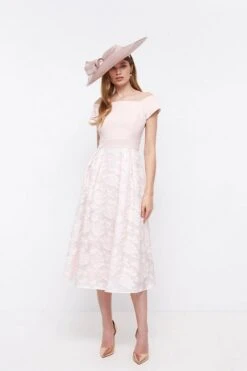 Coast Bardot Clipped Jacquard Midi Dress, Light Pink/Blush