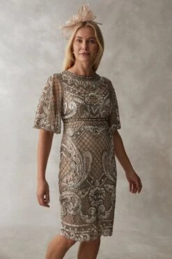 Coast Premium Hand Embellished Pencil Dress, Champagne