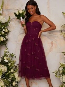 Chi Chi Bardot Lace Overlay Tulle Midi Bridesmaid Dress, Burgundy