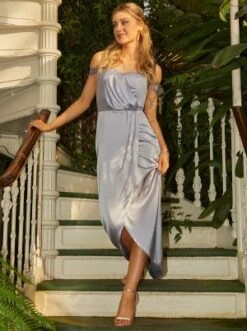 Chi Chi Bardot Wrap Satin Maxi Bridesmaid Dress In Blue