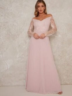 Chi Chi Lace Bridesmaid Maxi Dress With Long Sleeves In Pink/Blush