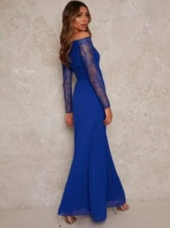 Chi Chi Lace Sleeve Bridesmaid Maxi Dress In Blue