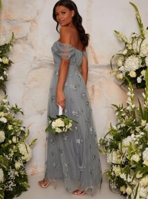 Chi Chi Lucy 3D Petal Off The Shoulder Maxi Dress, Sage Green 4 Chi Chi Lucy 3D Petal Off The Shoulder Maxi Dress, Sage Green - Image 2