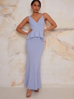 Chi Chi Ruffle Detail Maxi Bridesmaid Dress In Blue Lilac