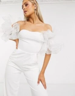 Club L London Organza Sleeve Jumpsuit In White