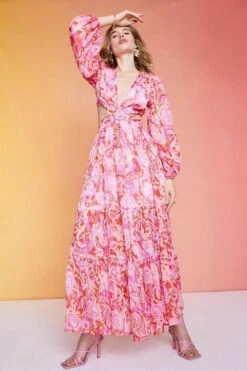 Coast Alexandra Farmer Cutout Balloon Sleeve Maxi Dress, Pink/Multi