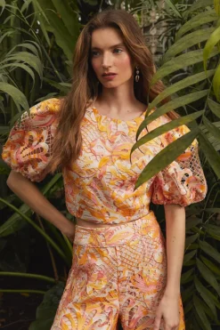 Coast Alexandra Farmer Printed Lace Wide Leg Trouser, Orange/Multi