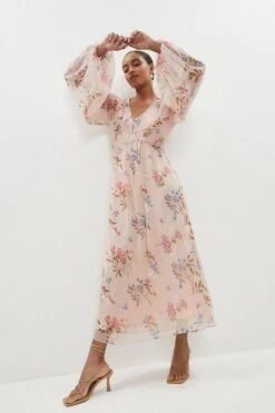 Coast Blouson Sleeve Printed Chiffon Midaxi Dress, Pink/Blush
