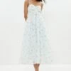 Coast Bustier Bodice Printed Midi Dress, Blue/White -Threadnee Shop coast bustier bodice printed midi dress blue white