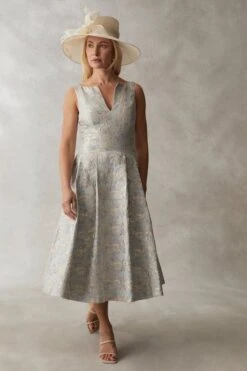 Coast Cross Front Jacquard Dress, Blue/Gold