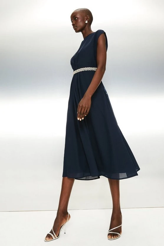 Coast Embellished Belt Midi Dress, Navy Blue 3 Coast Embellished Belt Midi Dress, Navy Blue