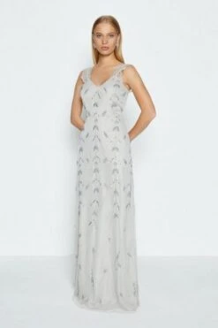 Coast Lace Strap Embellished Maxi Dress, Silver