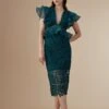 Coast Lisa Tan Organza Lace Mix Frill Sleeve Pencil Dress, Green -Threadnee Shop coast lisa tan organza lace mix frill sleeve pencil dress green