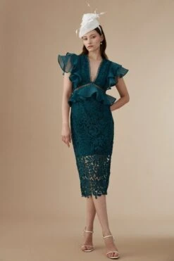 Coast Lisa Tan Organza Lace Mix Frill Sleeve Pencil Dress, Green