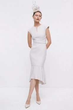 Coast Pencil Dress With Cross Waist & Fishtail, Light Grey