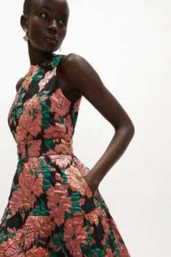 Wallis Coast Premium Jacquard Tiered Midaxi Dress, Black/Pink/Coral