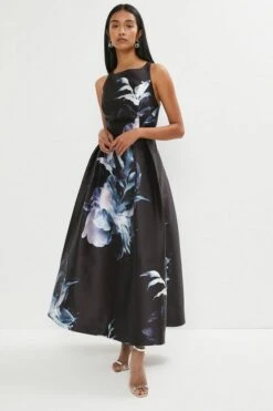 Coast Premium Print Twill Full Skirt Midi Dress, Mono Black/White