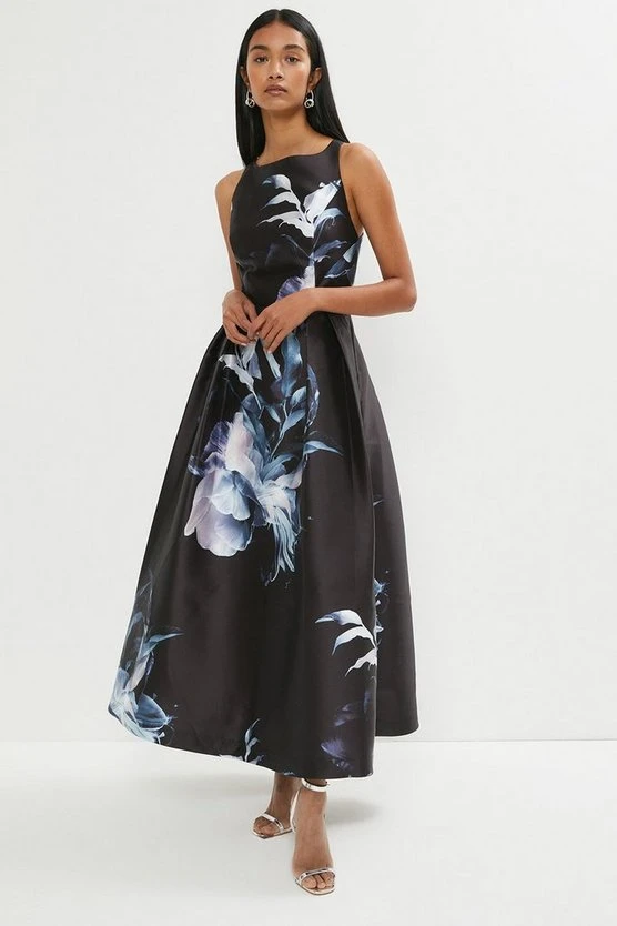 Coast Premium Print Twill Full Skirt Midi Dress, Mono Black/White 3 Coast Premium Print Twill Full Skirt Midi Dress, Mono Black/White