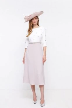 Coast Premium Stretch Crepe Scattered Jewel Bodice, Mink/White