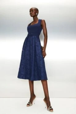Coast Square Neck Embroidered Midi Bridesmaid Dress, Navy Blue