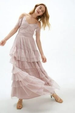 Coast V Neck Cold Shoulder Tiered Skirt Maxi Dress, Light Pink/Blush