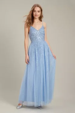 Dorothy Perkins Embellished Strappy Tulle Maxi ​Bridesmaid Dress, Light Blue