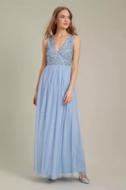 Dorothy Perkins Embellished V Neck Tulle Maxi Bridesmaid Dress, Light Blue