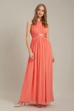 Dorothy Perkins Satin Cross Waist Chiffon Maxi Bridesmaid​ Dress, Coral/Orange