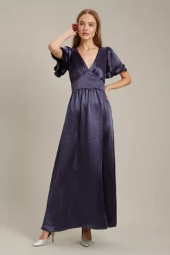 Dorothy Perkins Satin Frill Sleeve Maxi Bridesmaid Dress, Navy Blue