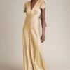 Ghost Delphine Satin Maxi Bridesmaid Dress, Buttermilk -Threadnee Shop ghost delphine satin maxi bridesmaid dress buttermilk 1